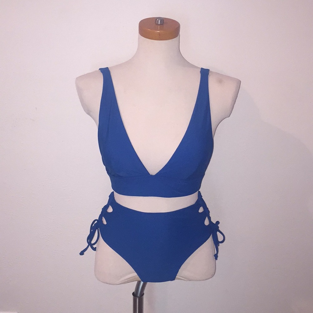 NEW ZAFUL blue hi waisted plunge top bikini size S